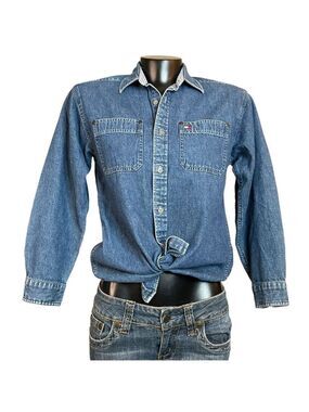 Tommy Hilfiger VINTAGE Blue Denim Button Up Boyfriend Top 90s Sz Mens S Womens M